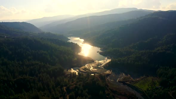 Lake Forest Mountains Field Water Green Summer View Sunset