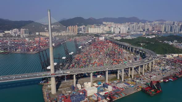 Top view of Hong Kong container port and Ting Kau bridge