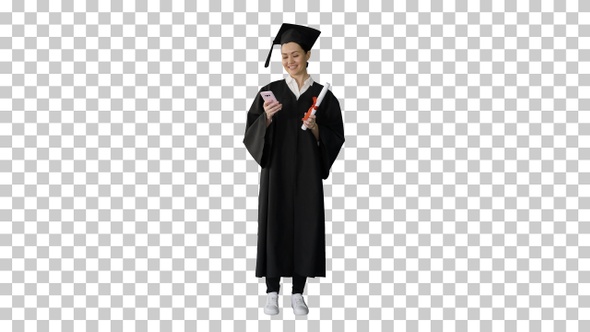 Happy female graduate holding diploma, Alpha Channel