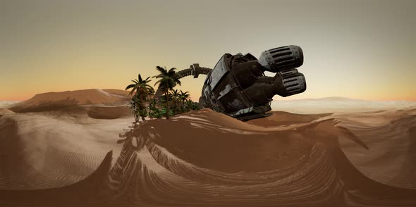 VR360 Old Rusted Alien Spaceship in Desert. Ufo alt