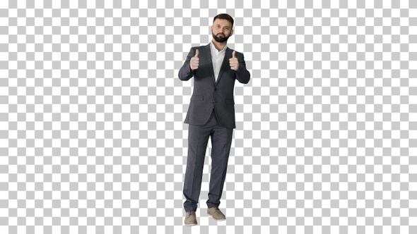 Stylish handsome bearded man thumbs-up, Alpha Channel