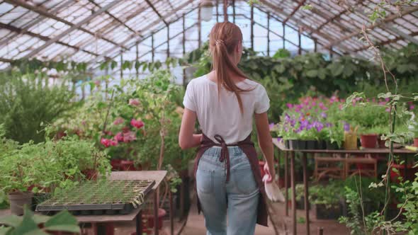 Young Woman Gardener in Glasses and Apron with Digital Tablet Working in a Garden Center for Better