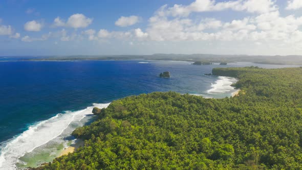 Aerial View Tropical Beach Island and Sea Bay Lagoon, Siargao. Tropical Landscape Hills and