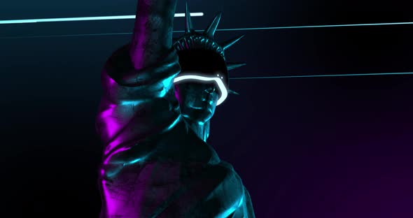 Statue of Liberty in vr glasses, metaverse reflection.