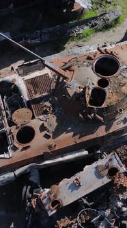 Vertical Video of a Destroyed Military Hardware in Bucha Ukraine