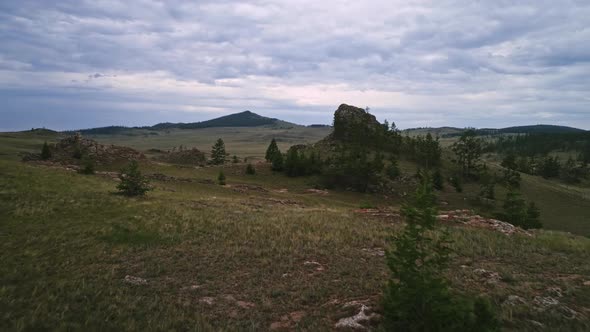 Baikal Valley spirits,Tazheran Steppe, Stone Cliffs on the Road, Aerial Summer