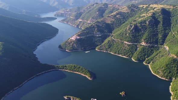 Aerial Panoramic View of Vacha Reservoir Located in Bulgaria Near the Devin City Rhodopa Mountains