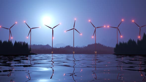 Offshore Wind turbines farm producing electricity from the force of a wind. 4KHD