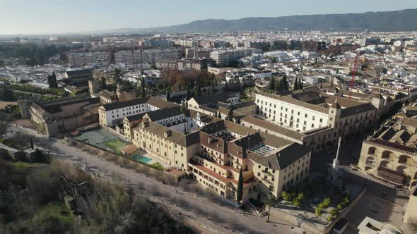 Drone view of Cordoba city in Spain and old famous Mezquita-Cathedral. Aerial circling