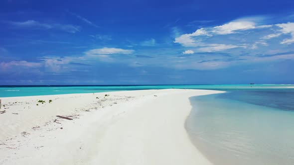 Aerial flying over scenery of exotic bay beach wildlife by blue sea with white sand background of a 