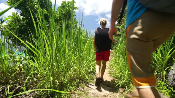 Walking on Path Between High Grass