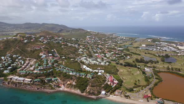 Aerial view of the city of Basseterre, in sunny St Kitts and Nevis - panoramic, drone shot