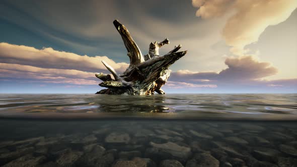 Ocean Seascape with Sky and Ocean Wave Splitted By Waterline to Underwater Part