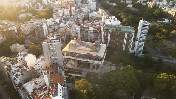 Aerial high angle shot of Recoleta neighborhood and National Library at golden hour in Buenos Aires