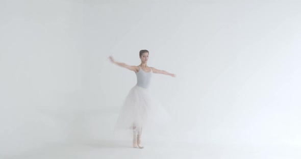 Dramatic Dance Elegant Female in a White Tutu Dance Ballet and Perform Choreographic Elements on a