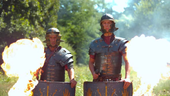 Roman soldiers and flames, ultra slow motion