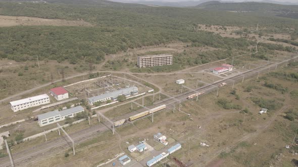 Aerial view of Traction substation of Tetritskaro railway station, Georgia 2021