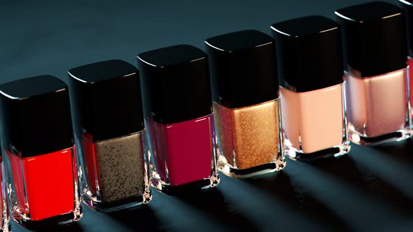 Elegant nail polish bottles with vibrant colors in seamless animation. 4K HD