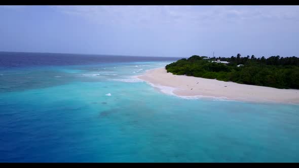 Aerial top down landscape of relaxing coastline beach wildlife by transparent water with white sand 