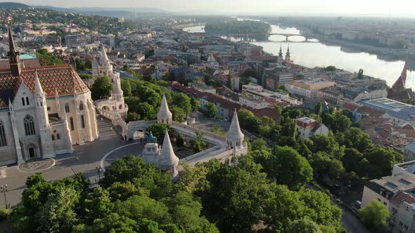 Aerial shot of Fisherman's Bastion (Halaszbastya) in Budapest, Hungary, Europe