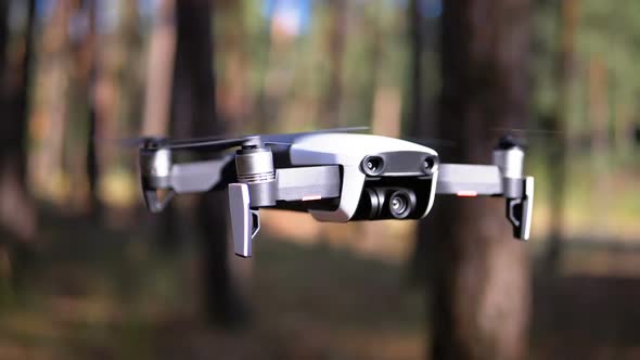 Drone with a Camera Hovers in the Air Above the Ground in the Forest. Slow Motion.