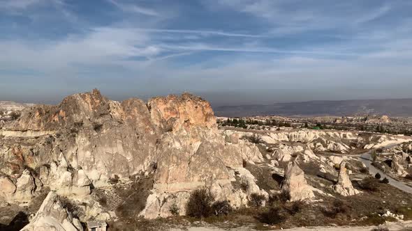 Panorama of the Uchisar valley and the city of Goreme. Cave towns. Cappadocia