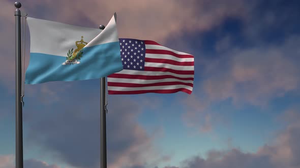 San Marino Flag Waving Along With The National Flag Of The USA - 4K