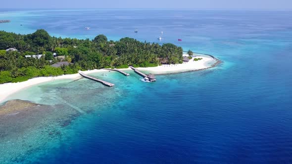 Aerial drone travel of tourist beach trip by blue water and sand background