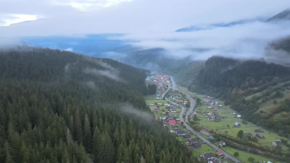 Aerial View of the Village in the Carpathian Mountains in Autumn. Ukraine