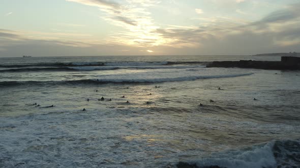 4k footage - Aerial / drone view (Sunset Cascais) of many surfers waiting for the waves to come. At