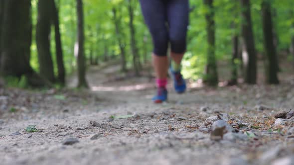 Low angle shot of a trail runner in the forest running towards the camera