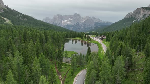 Lake of Misurina, aerial view of Dolomites