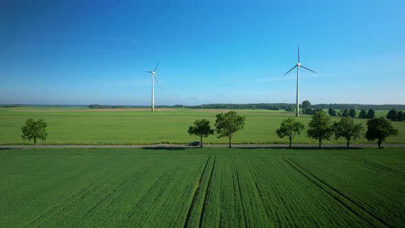 Country Road In Evergreen Fields With Towering Wind Turbines At The Background. Aerial Drone Shot