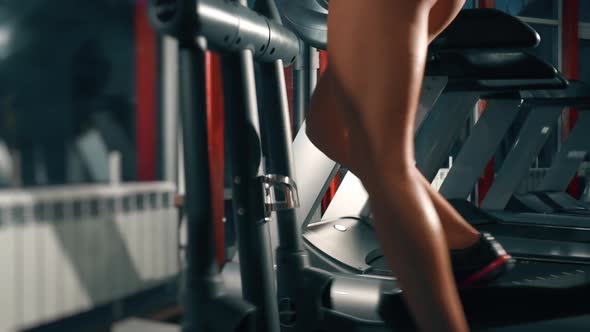 Beautiful Muscle Relief. Pretty Girl Working Out in a Treadmill at the Gym. Woman Pumps Muscles of