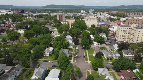 View toward Mississippi River and bridge on a sunny day. Mountains seen in distance.