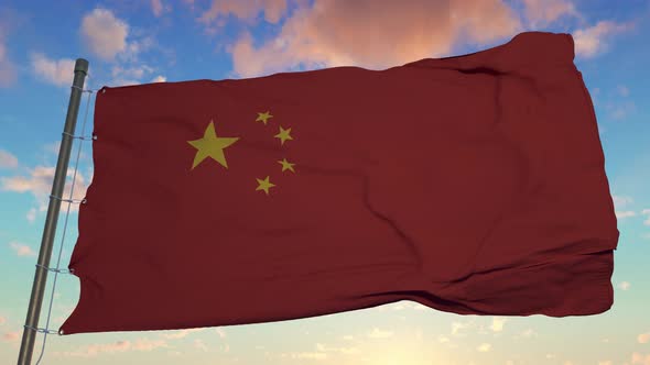 Waving Red Flag of China in Wind