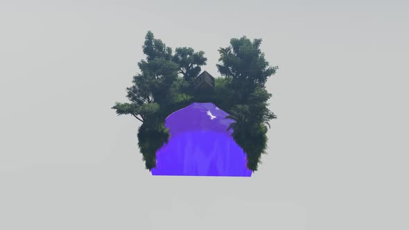 Isometric house in the middle of the wilderness on the edge of a purple beach