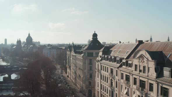 Beautiful Residential Street with Old Architecture Apartment Buildings By the Isa River in Munich