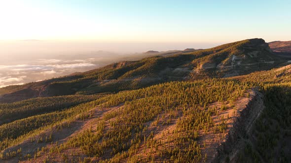 Aerial Panoramic Dramatic View of a Mountain and Hills Forest Rocky Landscape in the Clouds at