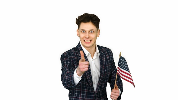 Agitator with American flag calls to vote on white background.