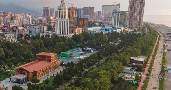 Aerial hyperlapse of Batumi summer theatre at Seaside park