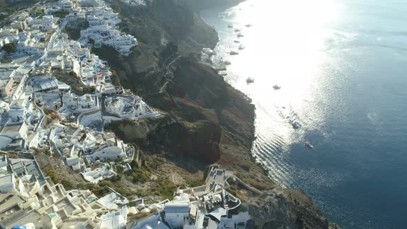 Aerial View Flying Over City of Oia on Santorini Greece