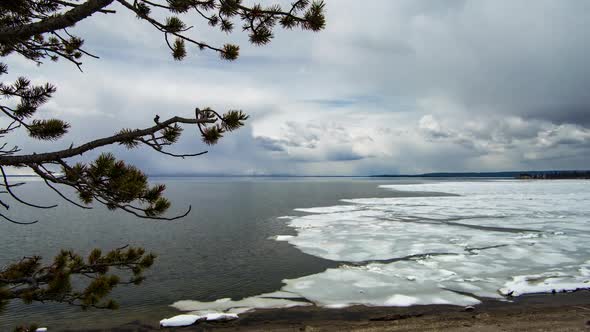 Time lapse over lake with ice melting on it