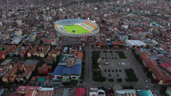 Aerial View Of Estadio Inca Garcilaso and Tupac Amaru Square In Cusco, Peru.