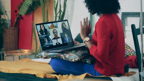 Female Worker Videocalls Her Colleagues During Quarantine. 