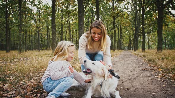 Young Mom and Little Daughter are Squatting Smiling and Stroking Their Dog During Walk in Autumn