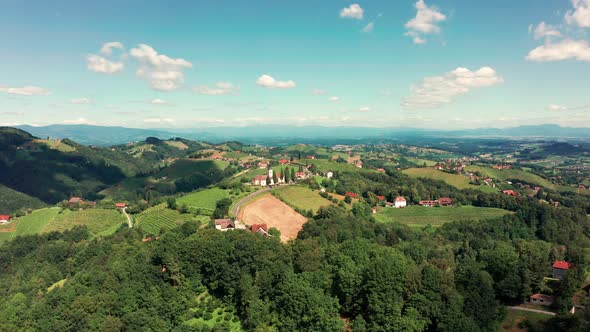 Aerial View of Austrian Vilage Kitzeck in Vineyard Region of Styria.