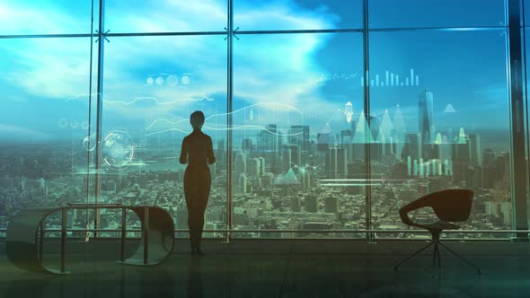 Business Lady Is Looking At Data On A Virtual Interface 4K alt