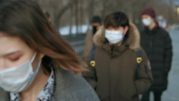 Woman Walk White Mask. Coronavirus Epidemic. Pandemic Crowd People. Quarantine