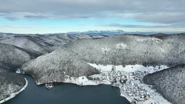 Aerial view of the Palcmanska Masa reservoir in the village of Dedinky in Slovakia